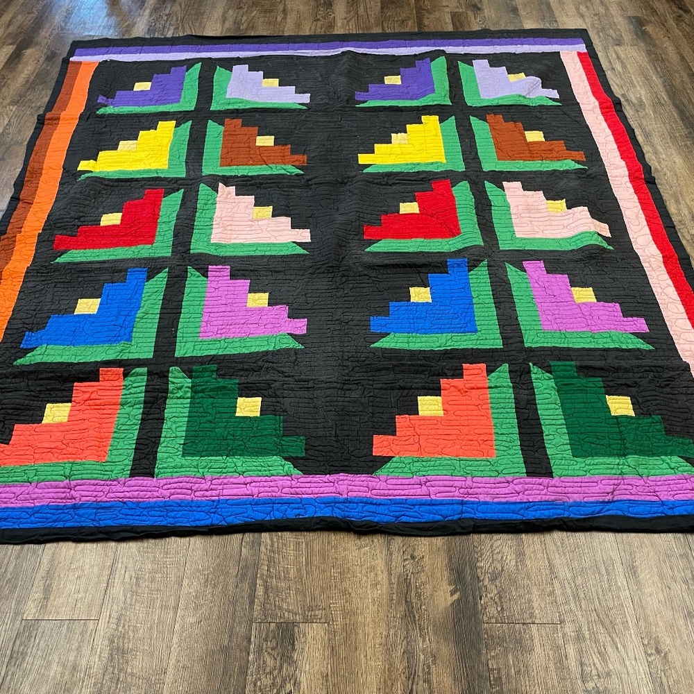 Handmade  Reversed Log Cabin Multi-colored Queen Quilt